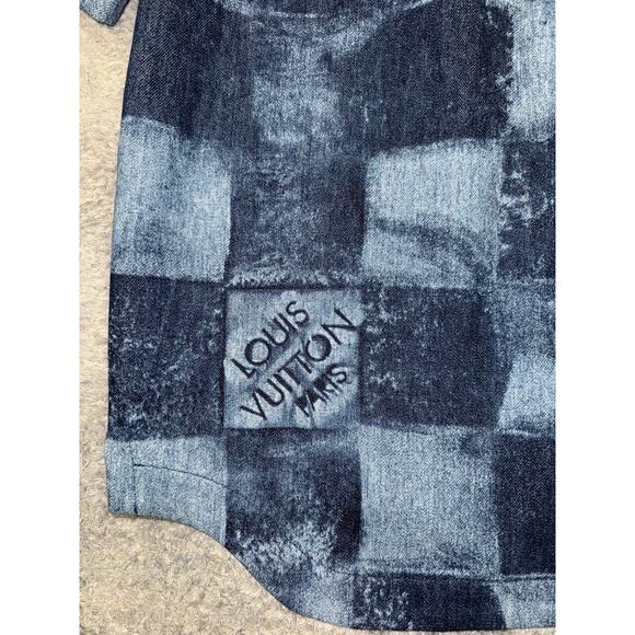 Louis Vuitton Salt Print Denim Blue Damier LV Logo Short Sleeve Button Shirt S - Picture 12 of 16